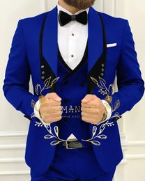 Costumes bleu royal pour hommes Slim Fit formel smokings de mariage mode hommes blazer gilet pantalon 3 pièces affaires fête bal vestes 240118