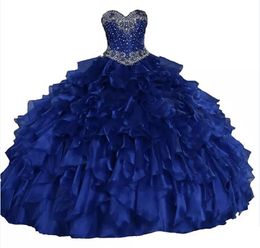 Royal Blue Sweetheart Ball Jurk Quinceanera jurken glinsterende kristallen Beadings Cascading Ruffles Lower Up Sweet 16 Princess -jurken