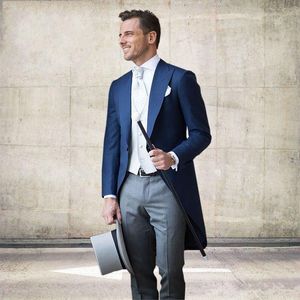 Royal Blue Tailcoat Men Wedding Tuxedos Morning Style Groom Tuxedos Excelente Hombres Dinner Prom Ceremonial Dress (Chaqueta + Pantalones + Corbata + Chaleco)