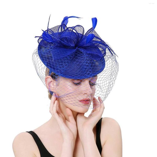 Tocado de fiesta de té azul real para mujer, sombrero Derby de Kentucky, pastillero, pinza para el pelo, diadema para vestido de novia Sinamay de cóctel