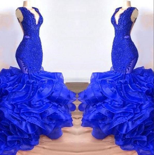 Bleu Royal col en V dentelle longue sirène robes de bal 2019 Organza couches volants balayage Train formelle fête robes de soirée BC1687