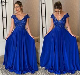 Robes mère de la mariée bleu royal, col en V, dentelle glamour appliquée avec mancherons, robes d'événements formels pour femmes, longueur au sol, robe de soirée d'invité de mariage CL3243