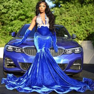 Royal Blue Veet prom -jurken voor zwarte meisjes sexy halter nek applique kralen Afrikaanse zeemeermin feestjurken vestido de graduacion