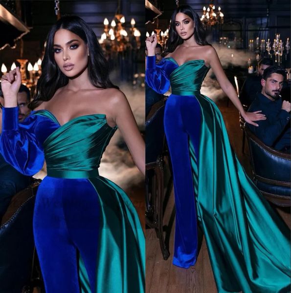 Royal Blue Velvet Robes De Soirée Sexy Une Longue Manches Bouffantes Combinaison Saoudite Formelle Ruché Robes De Bal Plis Satin Robe De Soirée 2023