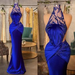 Robe de soirée sirène en velours bleu Royal, col haut, longue robe de bal perlée, paillettes, robes de concours pour femmes