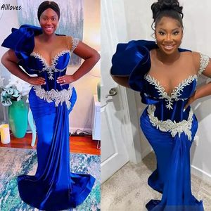 Robes de soirée sirène en velours bleu royal arabe Aso Ebi argent scintillant appliques robes d'occasion spéciale col transparent manches cape grande taille robe de soirée formelle CL3119