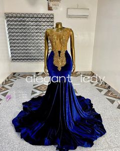 Robes de soirée sirène en velours bleu Royal pour femmes, cristal scintillant, maille transparente, robe de cérémonie de bal