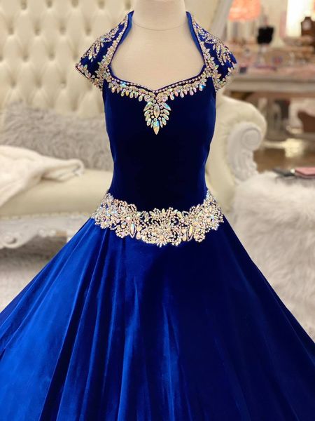 Vestidos de desfile de terciopelo azul real para niños pequeños Adolescentes 2021 Manga de casquillo Ritzee Roise Vestido de bola Largo Niña Fiesta formal G189N