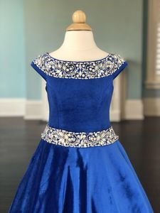 Royal-Blue Velvet Pageant Jurken voor Tieners Juniors 2020 Prachtige Blingbling Cap Mouwen Pageant Party Jurken Rits AB Stones Crystals