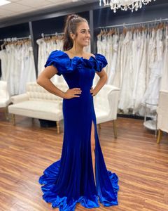 Royal-Blue Velvet Prom Dress 2k23 Mermaid Off-Shoulder High Split Met Gala Lady Pageant Noche formal Vestidos de fiesta de bodas Sweep Train Plus Size Real Pictures Custom