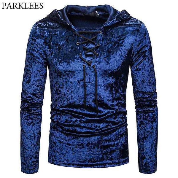 Royal Blue Velvet Velour Hoodie T Shirt Hombres Moda Lace-up Hooded T-shirts Mens Hip Hop Casual Swag Hoodies Camiseta Homme 210522