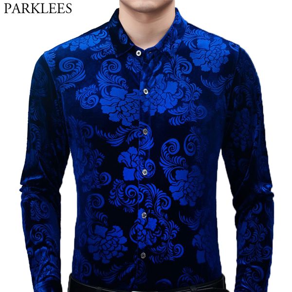 Chemise en velours bleu Royal pour hommes, coupe cintrée à manches longues, à fleurs, décontractée, boutonnée, 2XL227N, printemps 2020