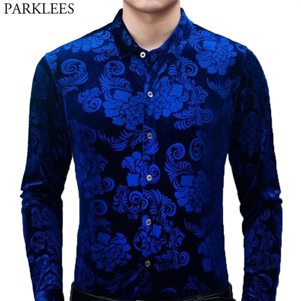 Chemise en velours bleu Royal pour hommes, coupe cintrée à manches longues, à fleurs, décontractée, boutonnée, 2XL269f, printemps 2020