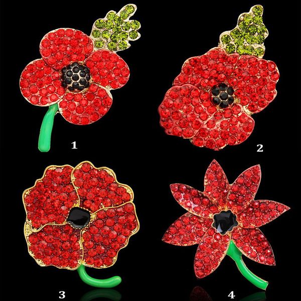 Royal British Legion Broches Festivo Fiesta Fiesta Suministros Red Crystal Hermoso Impresionante Poppy Flor Broches Pines UK Remembrance Día Regalo Petir 4 diseños