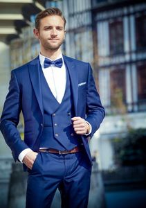 Royal Bue Mens Suits Slim Fit Groomsmen Bruiloft Tuxedos Drie Pieces One Button Designer Blazers Formele Jurk Pak (Jack + Pants + Vest)