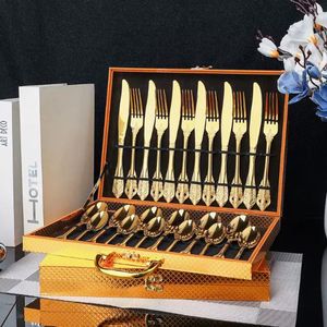 Royal Luxury Dinnery Sets 304 Roestvrijstalen reliëf Palace Style bestek Set 24 PCS Dinner Mes en Fork Lepel voor cadeau