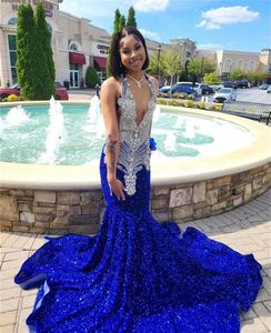 Royal Glitter 2024 Blue Sequin Mermaid Prom Dresses Sexy Halter Hals Voor Zwarte Meisjes Staart Verjaardagsfeestje Jurken Afrikaanse Robe de Bal