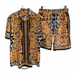Royal Luxe Hommes Ensembles Vintage Motif 2 Pièces Shorts Costume Occasionnels Oufits Léopard Imprimé Chemises À Manches Courtes Ropa Para Hombre c05t #