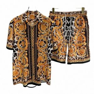 Royal Luxury Men Sets Vintage Pattern 2 piezas Shorts Traje Casual Oufits Leopard Impreso Camisas de manga corta Ropa Para Hombre c05t #