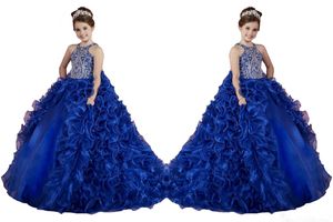 Royal New Hot Blue Girls Pageant Organza ruche Crystal kralen Mouwloze prinses Puffy Kids Party voor bruiloft bloemenmeisjesjurken