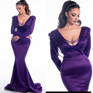 Royal Purple Avondjurken Glitter Beading Ruches Satin Mermaid Zwangere Prom Dress Lange Mouwen V Neck Robe de Mariée Party Pageant Towns