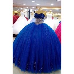 Royal Quinceanera Crystal Sweet Blue Robes 16 Boule en tulle perle robe de lace appliques Longueur du sol Princess Party Ocn Vetestidos