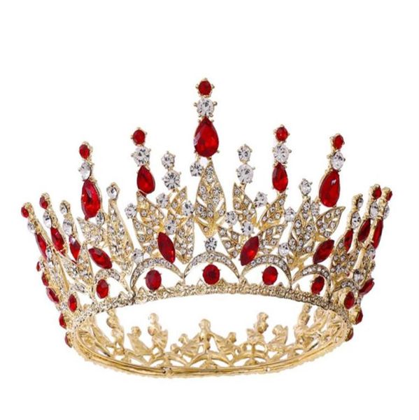 Royal Red Full Round Crown Rhinestone Tiara Boda Nupcial Mujeres Moda Accesorios para el cabello Cristal Azul Verde Plata Oro Headpiece7849873