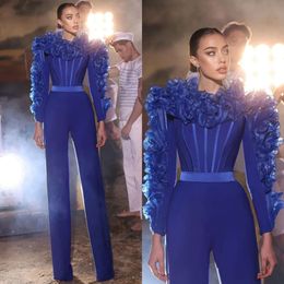 Royal Ruffles Elegante avondblauwe jumpsuits jurken lange mouwen formele feest prom -jumpsuit voor speciale ocn voor speciale ocn