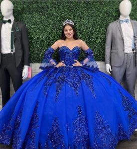 Royal Sparkly Blue Ball Jurk Quinceanera jurken pailletten Applique Sweet 16 jurk verjaardagsfeestje Vestidos de 15 anos