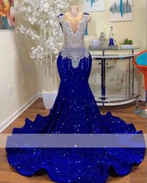 Royal Sparkly Blue Diamonds Mermaid Prom 2024 Paillettes Paillettes Dentelle Sheer Tulle Perle Cristal Strass Robes De Fiesta Robe De Soirée Formelle 0221