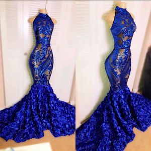 Royal Sparkly Sexy Blue Mermaid Prom -jurken met 3D Flowers High Neck Champagne Linings lovert Black Girls Long Evening Party Wear Custom Made