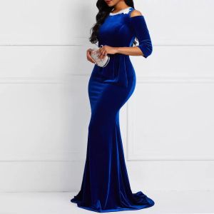 Royal Vintage Blue Veet Formele avondjurken Mermaid Crew Nek Arabisch Afrikaans Plus Size Prom Dress Party Lang Special OCN -jurken Vestido de