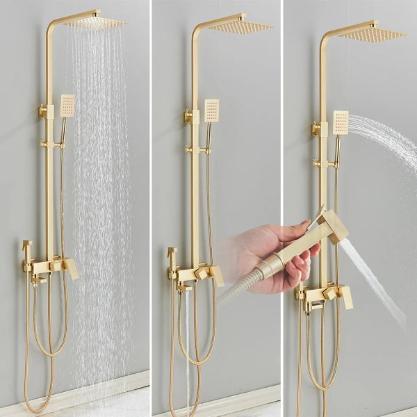 Rozin Brossed Gold Shower Set Wall Murd Brass 4-Ways Bathroom Down Finets with Bidet Hot Cold Water Mixer Tap