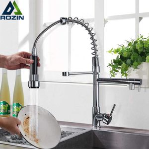 Rozin Chrome Spring Pull Down Kitchen Kraan Dual Outlet Touts 360 Swivel Handheld Douche Keuken Mixerkraan Koudkranen 210724