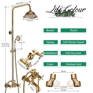 Rozin Gold badkamer douchegranen set wand gemonteerde messing douchekraan met bakspuit warm en koud water dubbele handgrepen mixer tap