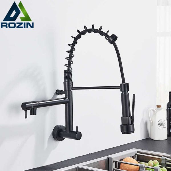 Rozin Matte Black Pull Down Robinet de cuisine simple eau froide double becs robinet de cuisine 4 couleurs mural ABS buse grue 210724