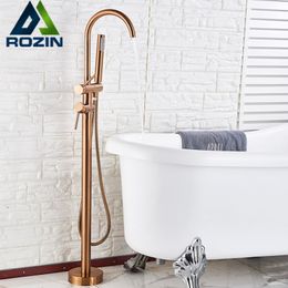 Rozin Rose Golden Floor Mounted Bathtub Faucet Freestanding Bathroom Crane with Handshower Floor Mount Hot Cold water Mixer tap T200710 219T