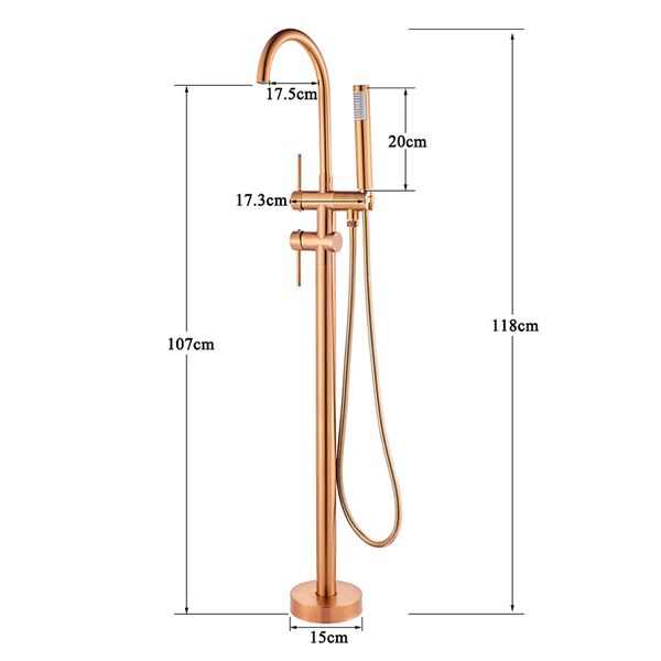 Rozin Rose Golden Floor Mounted Baignet Robinet Haland de salle de bain Crigon avec un plancher de sol à la main.