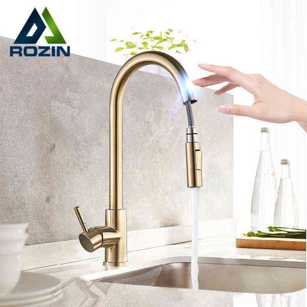 Grifo de cocina táctil inteligente Rozin, grifos con Sensor de salida de oro cepillado, grúa de rotación negra/níquel 360, grifos mezcladores de agua de 2 salidas 210724