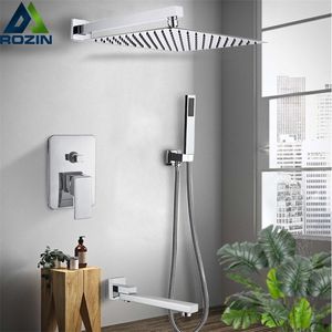 Rozin muurbevestiging regenval douchekraan set chroom verborgen badkamer kranen Systeem 16 '' hoofd met draaibare tub spout mixer TAP LJ201209