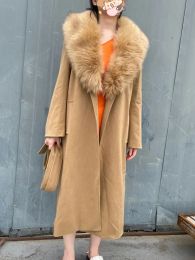 RR1534 Camel Defacted Big Fake Fur Fur Collar Mélanges Laine Coats Femmes X Longueur Vestes en laine d'hiver Longue Courtette sur la taille Outwear