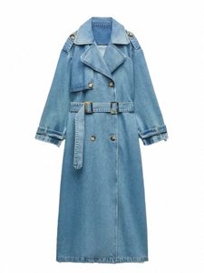 rr2418 X-LG Denim Trench Coats pour femmes Ceinture sur la taille Slim Jean Manteaux Dames Jaqueta Feminina Bleu Jean Veste Femme W2m7 #