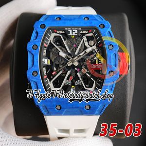 RRF 35-03 Nieuwste versie Japan Miyota NH Automatisch herenhorloge Blauw NTPT Koolstofvezel kast Skeleton wijzerplaat Witte rubberen band Sport Super Edition eeuwigheid polshorloges