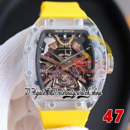 RRF 47 Reloj automático japonés Miyota NH para hombre con caja transparente de cristal, esfera dorada con armadura samurái, correa de caucho amarilla, versión súper Et