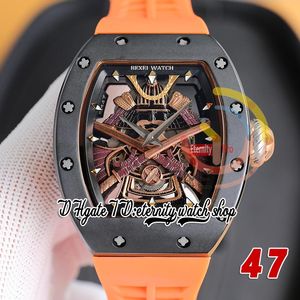 RRF 47 Nieuwste versie Japan Miyota NH Automatisch herenhorloge Zwarte keramische kast Gouden Samurai pantserwijzerplaat Oranje rubberen band Superversie eeuwigheidshorloges