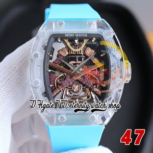 RRF 47 Dernière version Japon Miyota NH Montre automatique pour homme Boîtier transparent en cristal Cadran d'armure de samouraï doré Bracelet en caoutchouc bleu Super version Montres-bracelets d'éternité