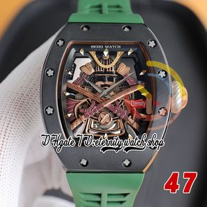 RRF 47 Dernière version Japon Miyota NH Montre automatique pour homme Boîtier en céramique noire Cadran d'armure de samouraï doré Bracelet en caoutchouc vert Super version Montres-bracelets d'éternité