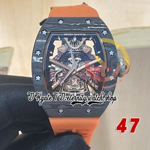 RRF 47 Dernière version Japon Miyota NH Montre automatique pour homme NTPT Boîtier en fibre de carbone Cadran d'armure de samouraï doré Bracelet en caoutchouc orange Super version Montres-bracelets d'éternité