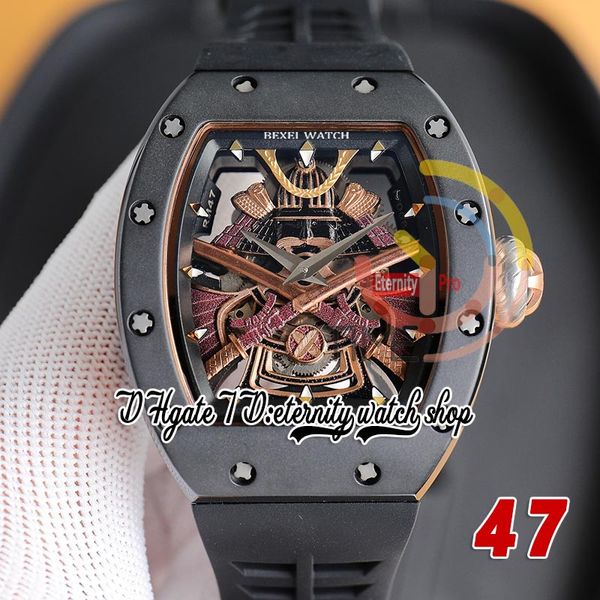 RRF 47 Última versión Japón Miyota NH Reloj automático para hombre Caja de cerámica negra Golden Samurai Armor Dial Correa de caucho negra Super versión Eternity Relojes de pulsera