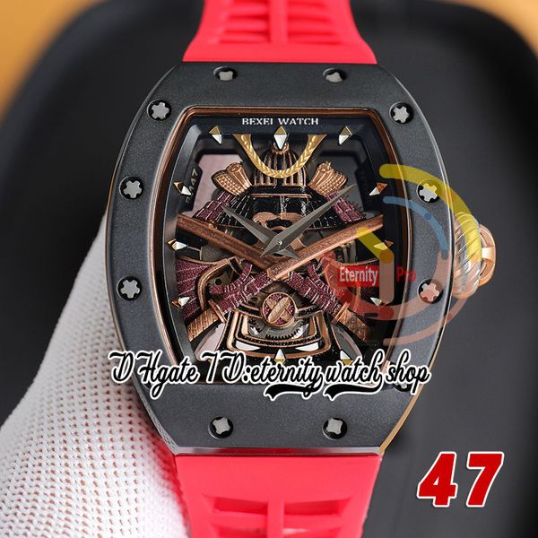RRF 47 Última versión Japón Miyota NH Reloj automático para hombre Caja de cerámica negra Golden Samurai Armor Dial Correa de caucho roja Super versión Eternity Relojes de pulsera